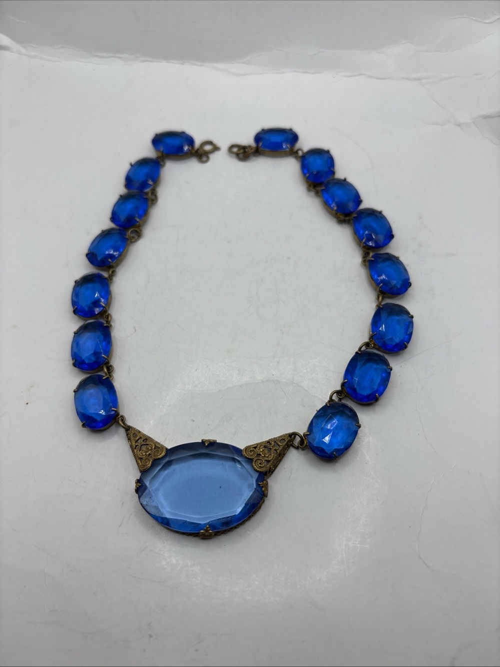 Art Deco Czech Glass Colbolt blue Faceted prong set open back choaker 14”